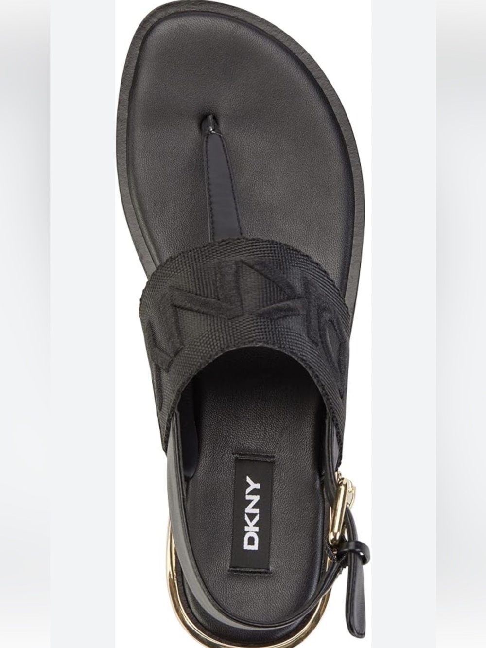 DKNY Black Logo Strap Thong Sandal with Gold Accent